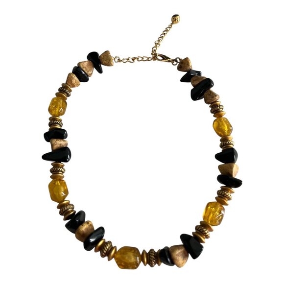 Vintage Amber & Black Beaded Necklace with Gold-Tone Cabochon Bracelet - Picture 2 of 7